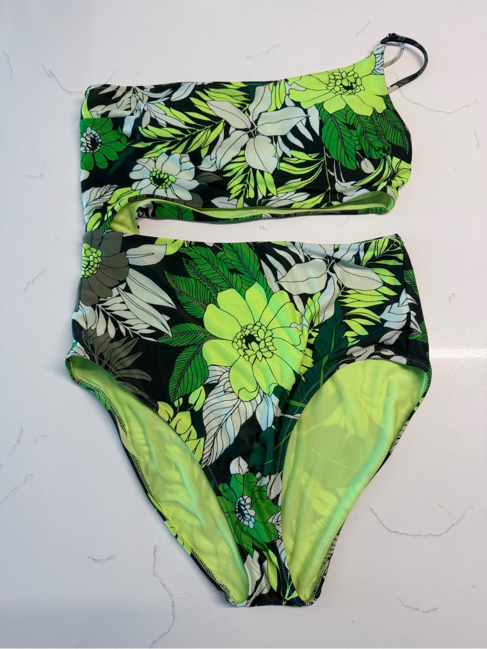 aerie Neon Green & Black Floral One-Piece Swimsuit asymmetric